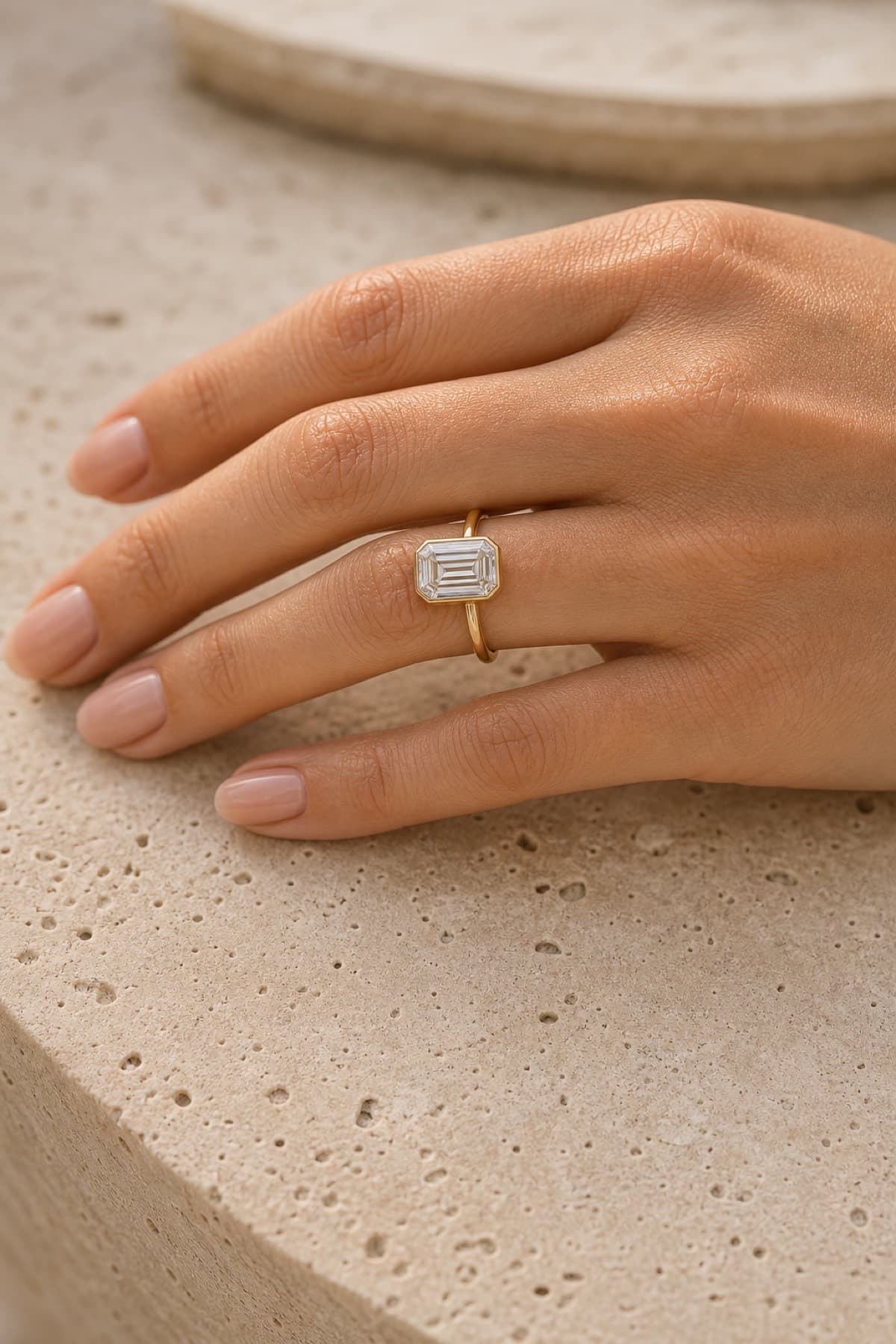East-west emerald-cut engagement ring on a woman's left hand ring finger against warm travertine