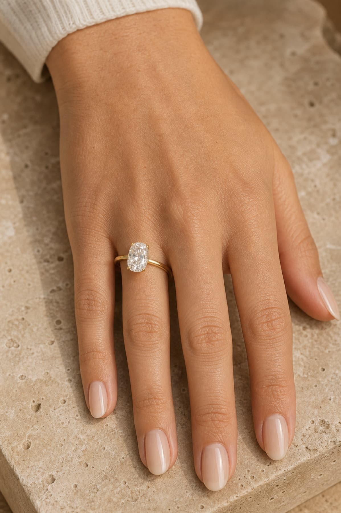 Elongated cushion engagement ring on a woman's left hand ring finger in a warm jeweler's studio