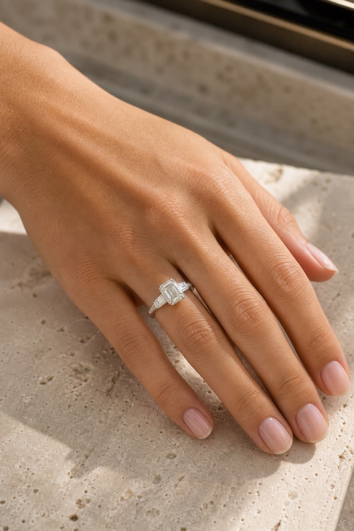 Vintage step-cut engagement ring on a woman's left hand ring finger in a warm jeweler's studio