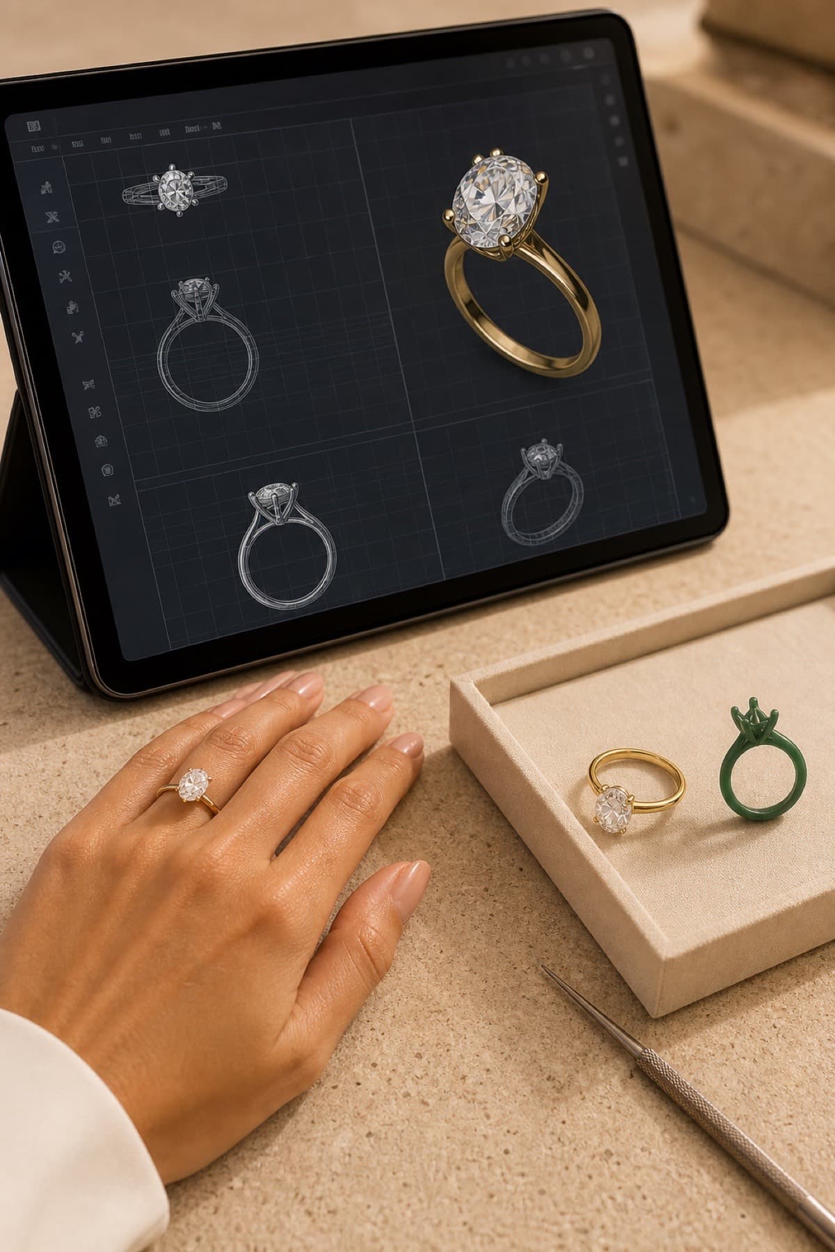 Custom engagement ring CAD design displayed beside jeweler tools