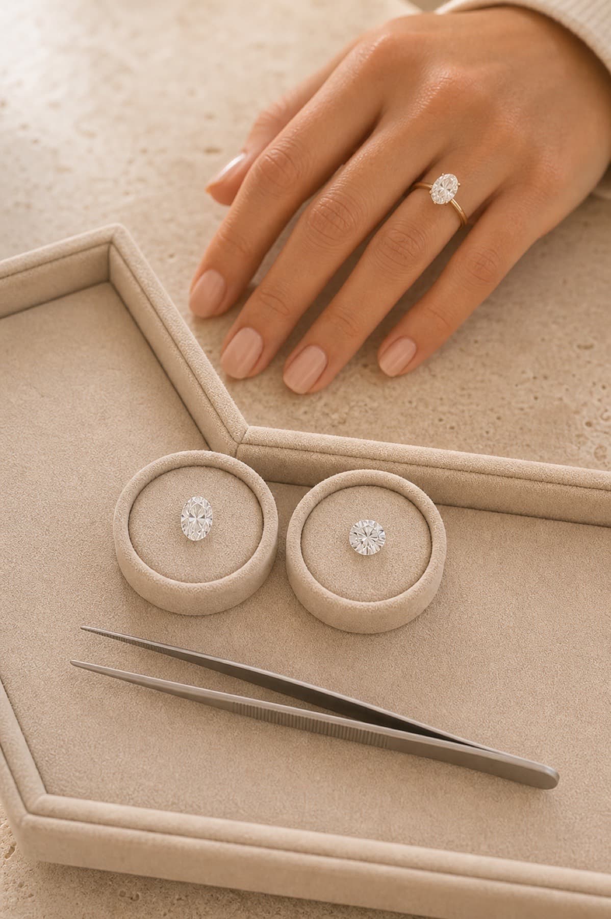 Lab-grown diamond comparison in a private jeweler's studio