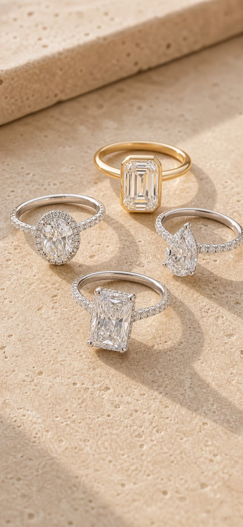 Close-up showcase of four brilliant custom engagement rings on warm travertine in a private jeweler's studio