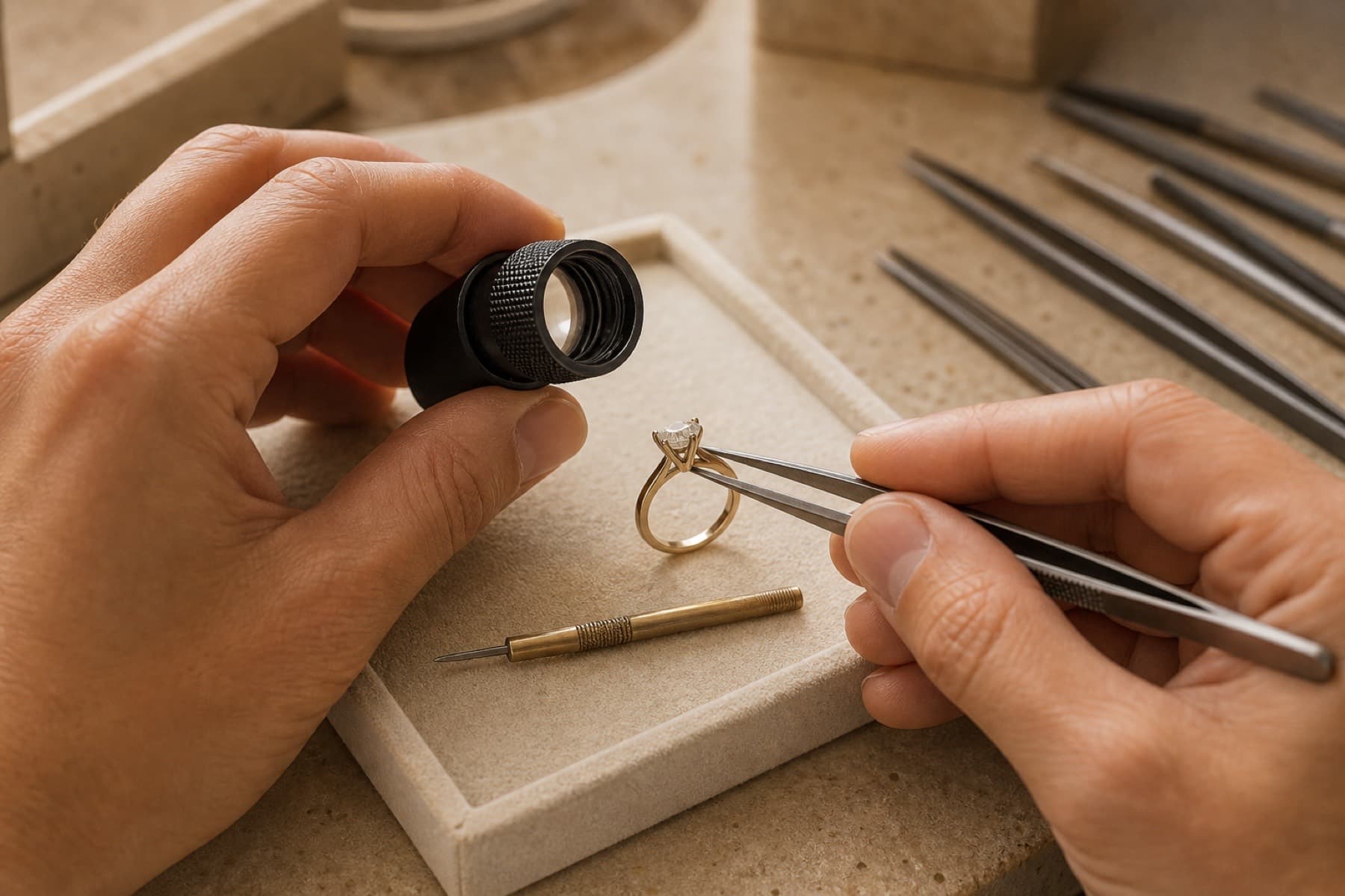 Jeweler's hands finishing a men's wedding band by hand