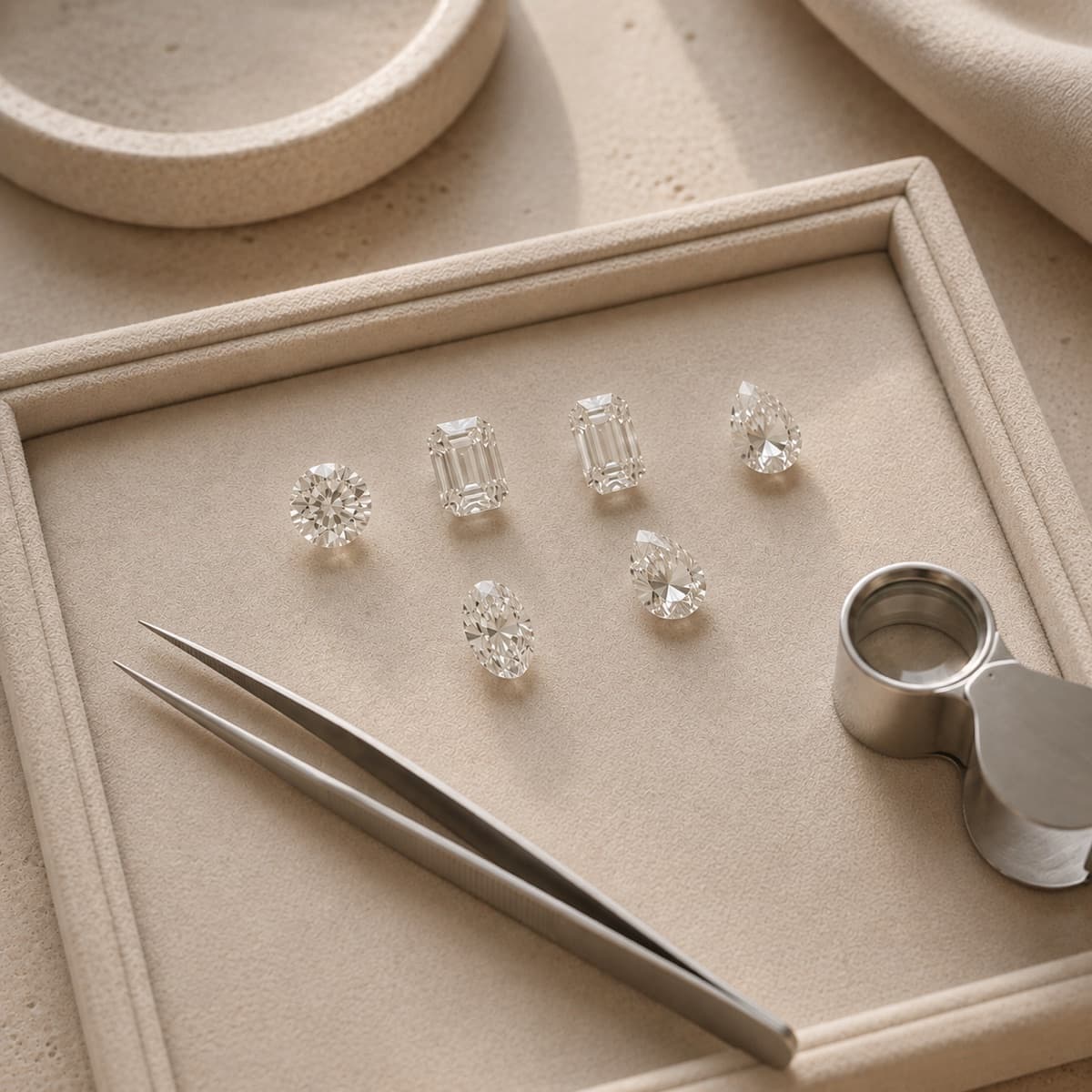 Loose diamonds in several shapes on a jeweler's tray with tweezers and a loupe