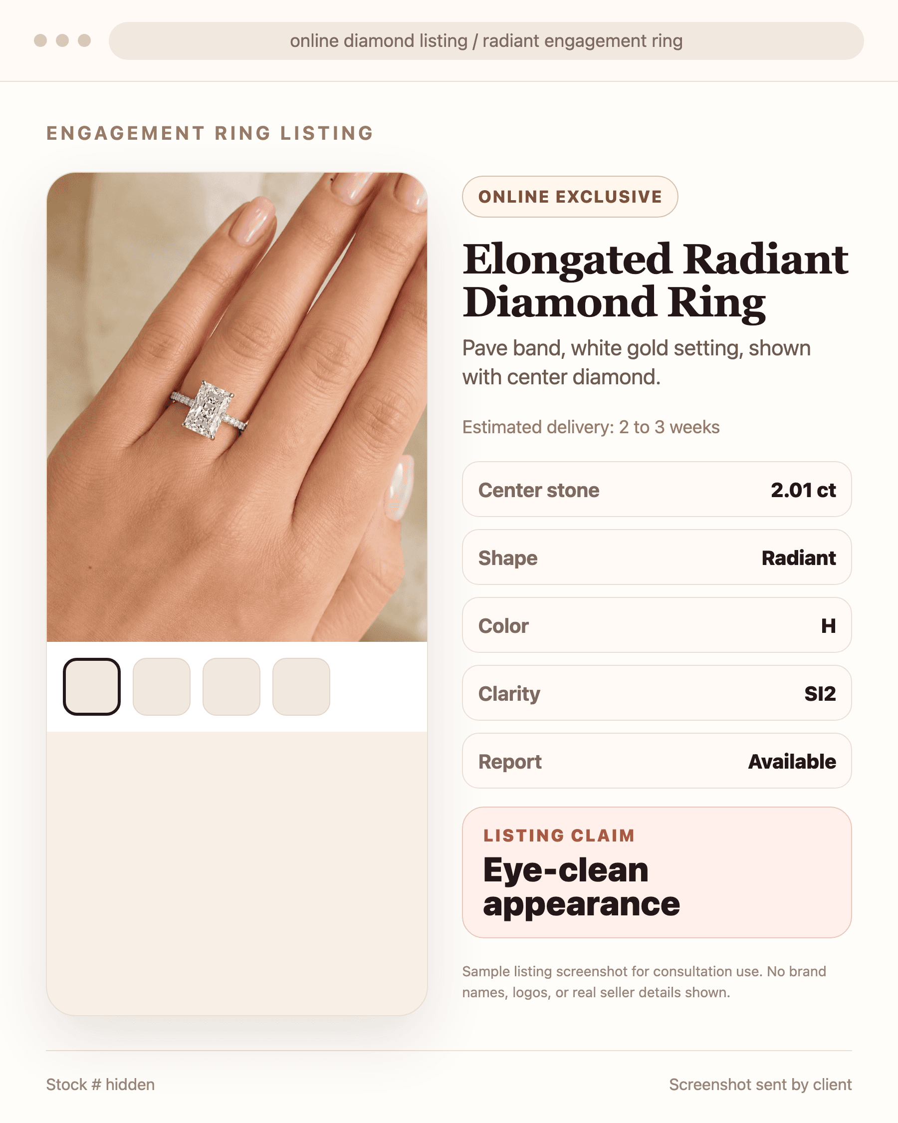 An online diamond listing seen on a phone