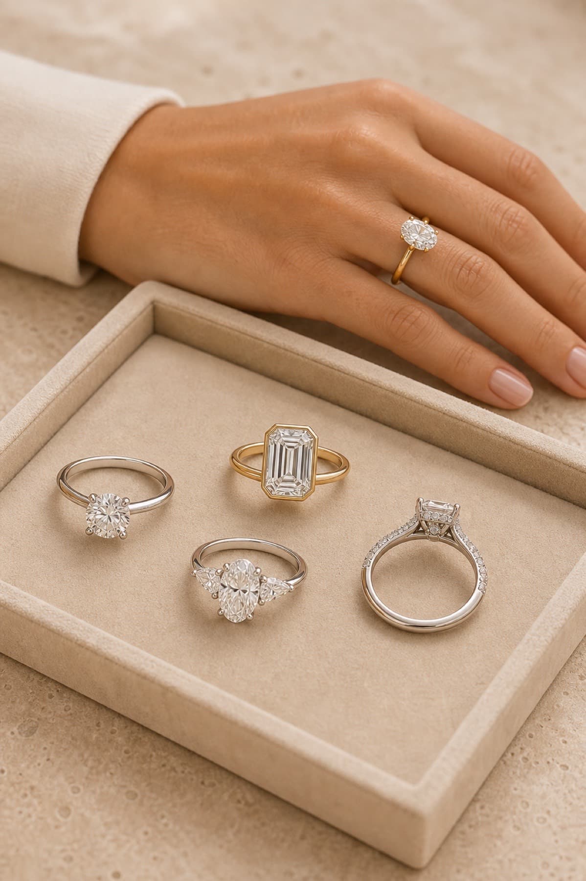 Engagement ring setting styles laid out on a tray