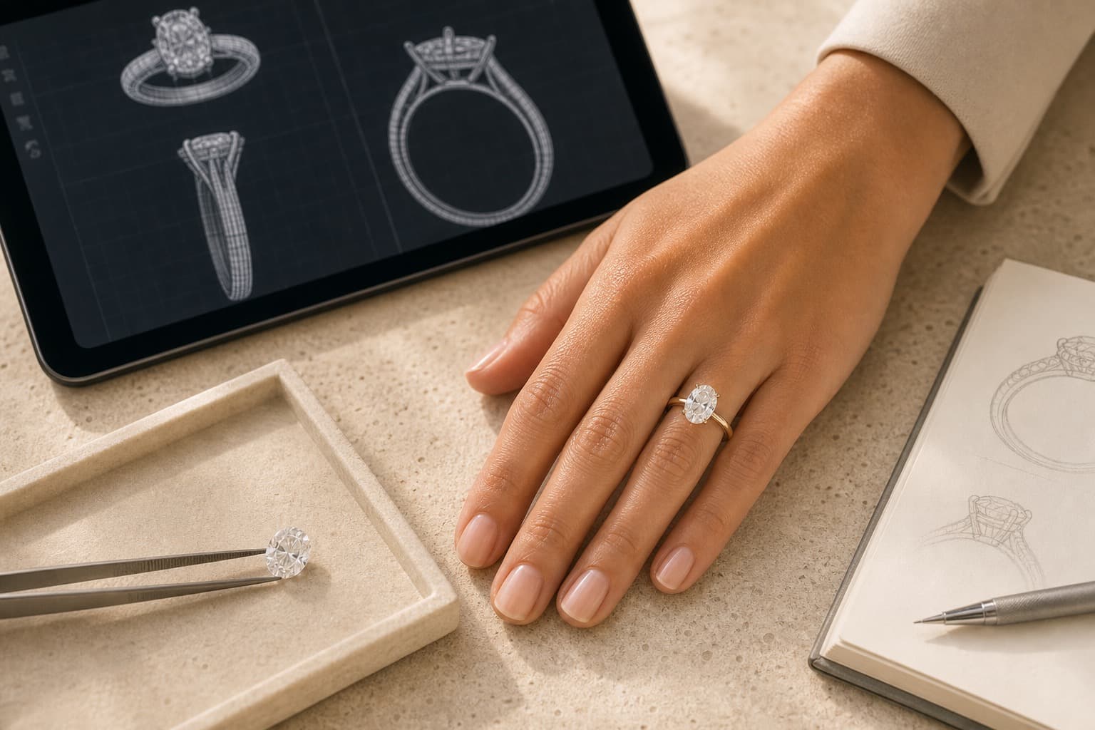 A custom engagement ring taking shape in a private jeweler's studio