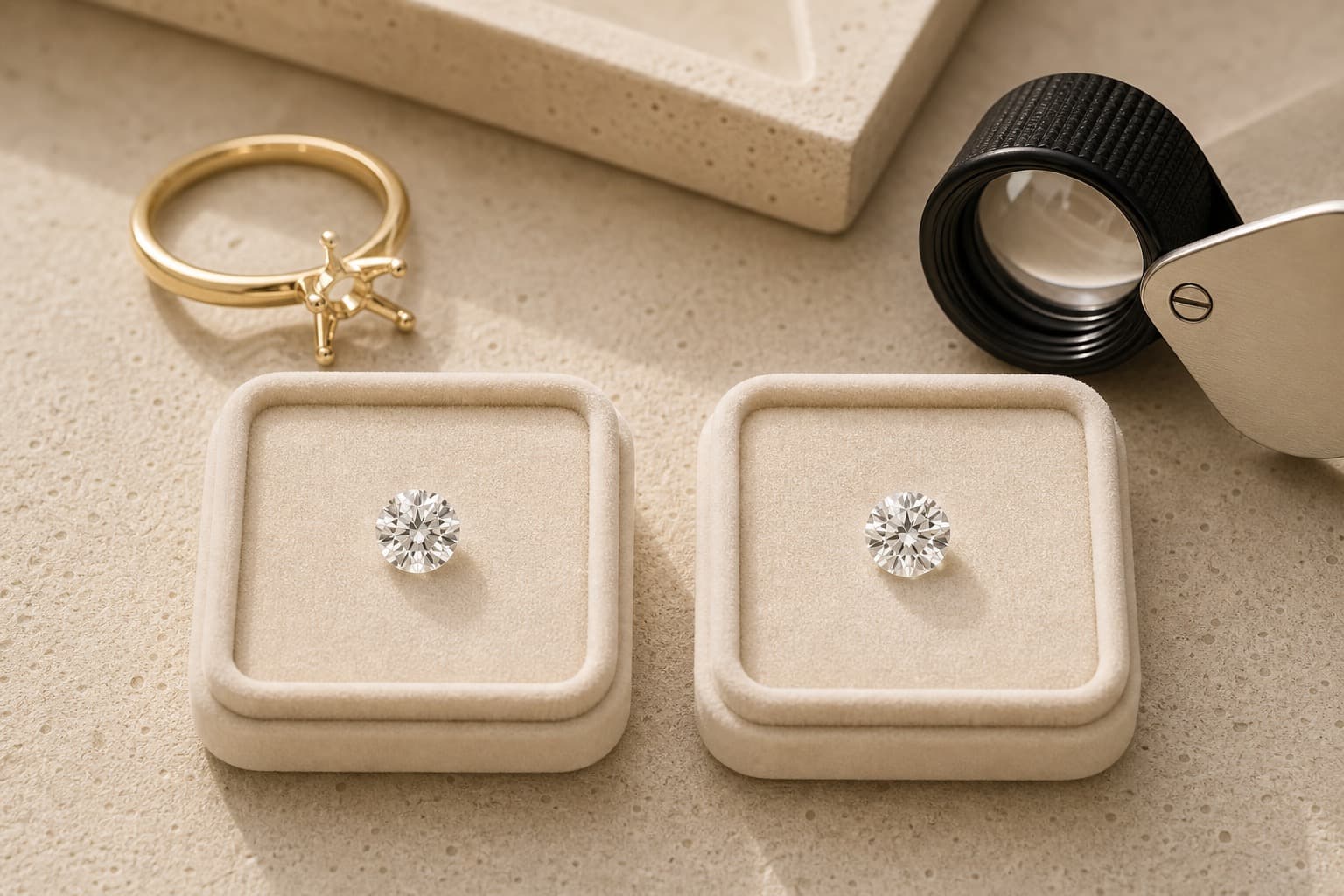 A lab-grown and a natural diamond compared side by side